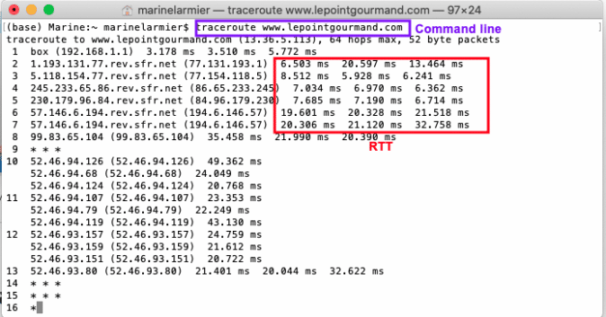 Measuring latency with Traceroute with the terminal window - Source: RocketCDN